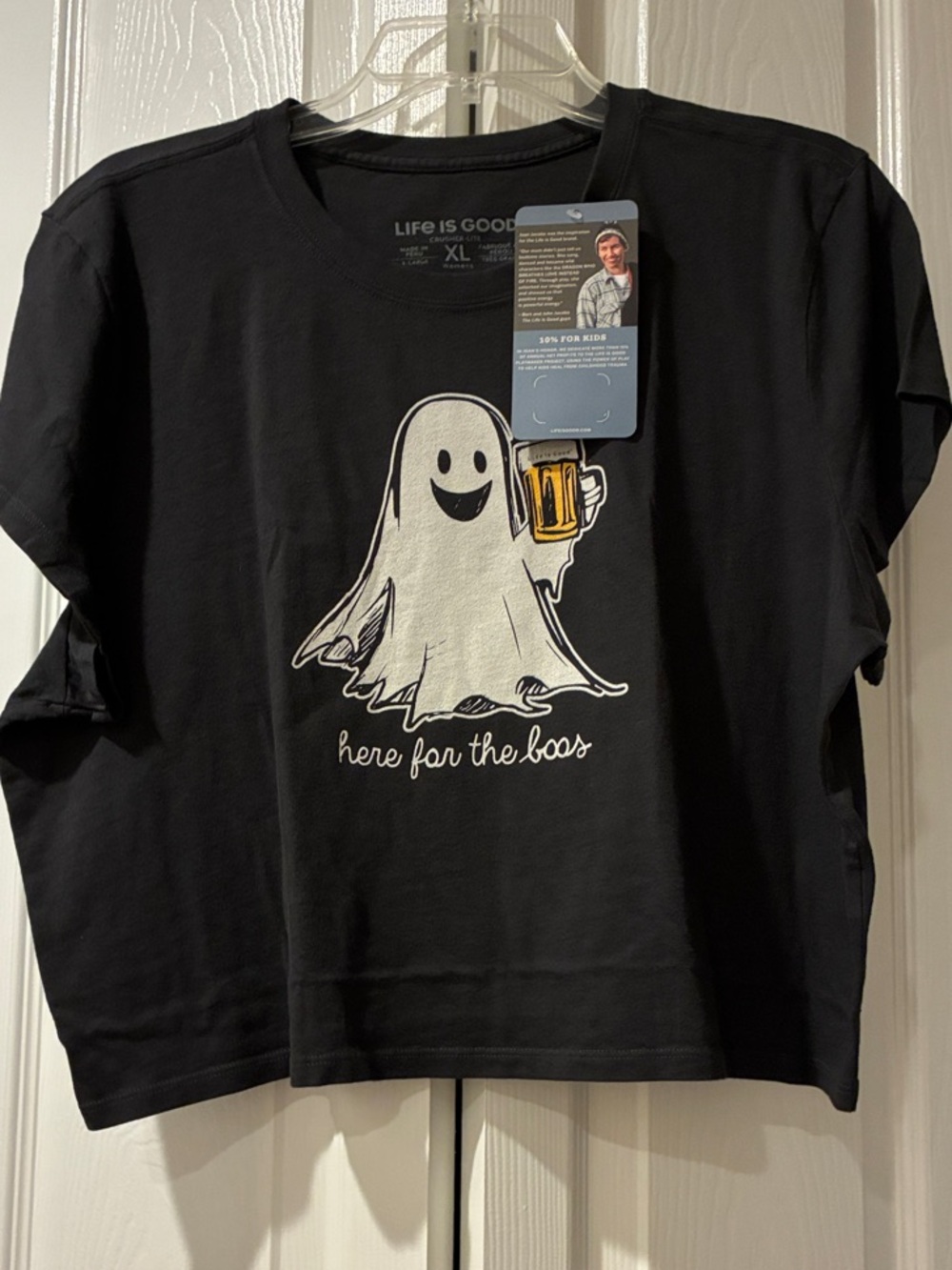 Life Is Good Black Ghost Graphic Tee with Beer Mug Cropped NWT